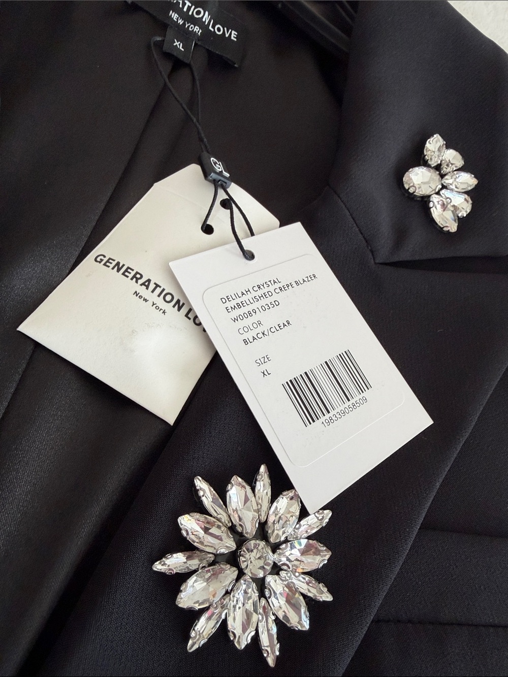 Generation Love Black Crepe Blazer with Clear Crystal Brooches